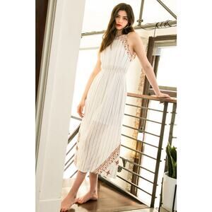 Boho Halter Midi Dress White Embroidered Lace Trim Flowy Summer Cottagecore